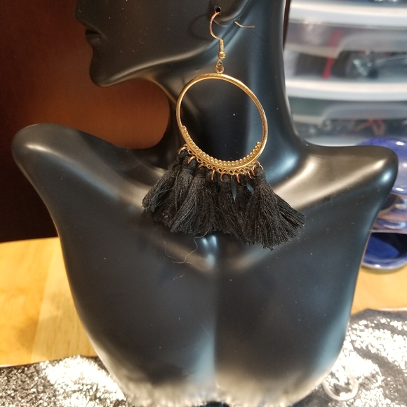 Gold Looped Black Tassel Earrings #1 - Picture 2 of 2